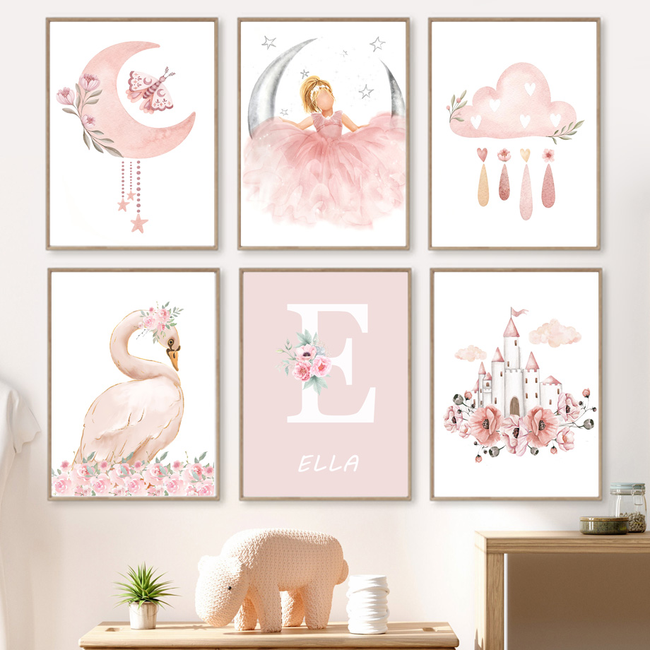 Baby Nursery Pictures - Rosa anjo menina sol lua nuvem