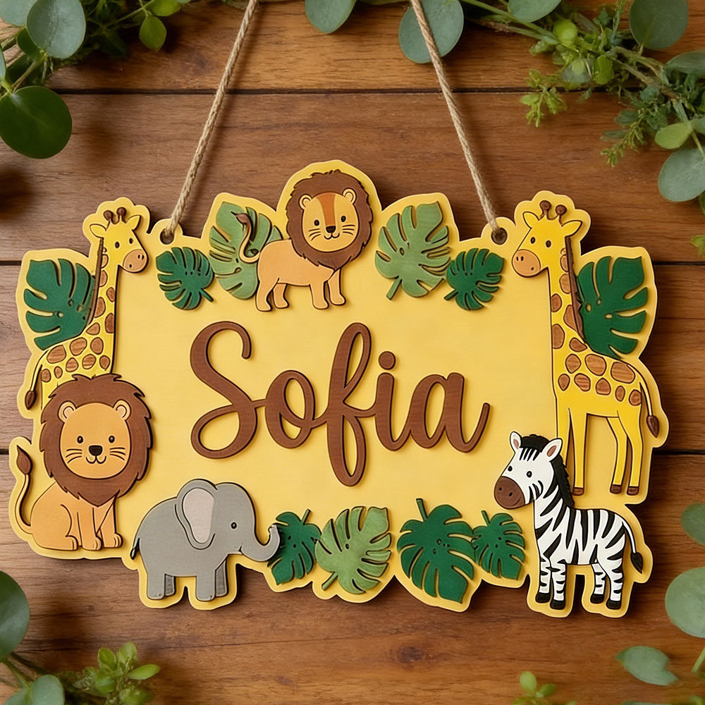 Baby Nursery Yellow - Placa de Nome Personalizada Safari, Decoração
