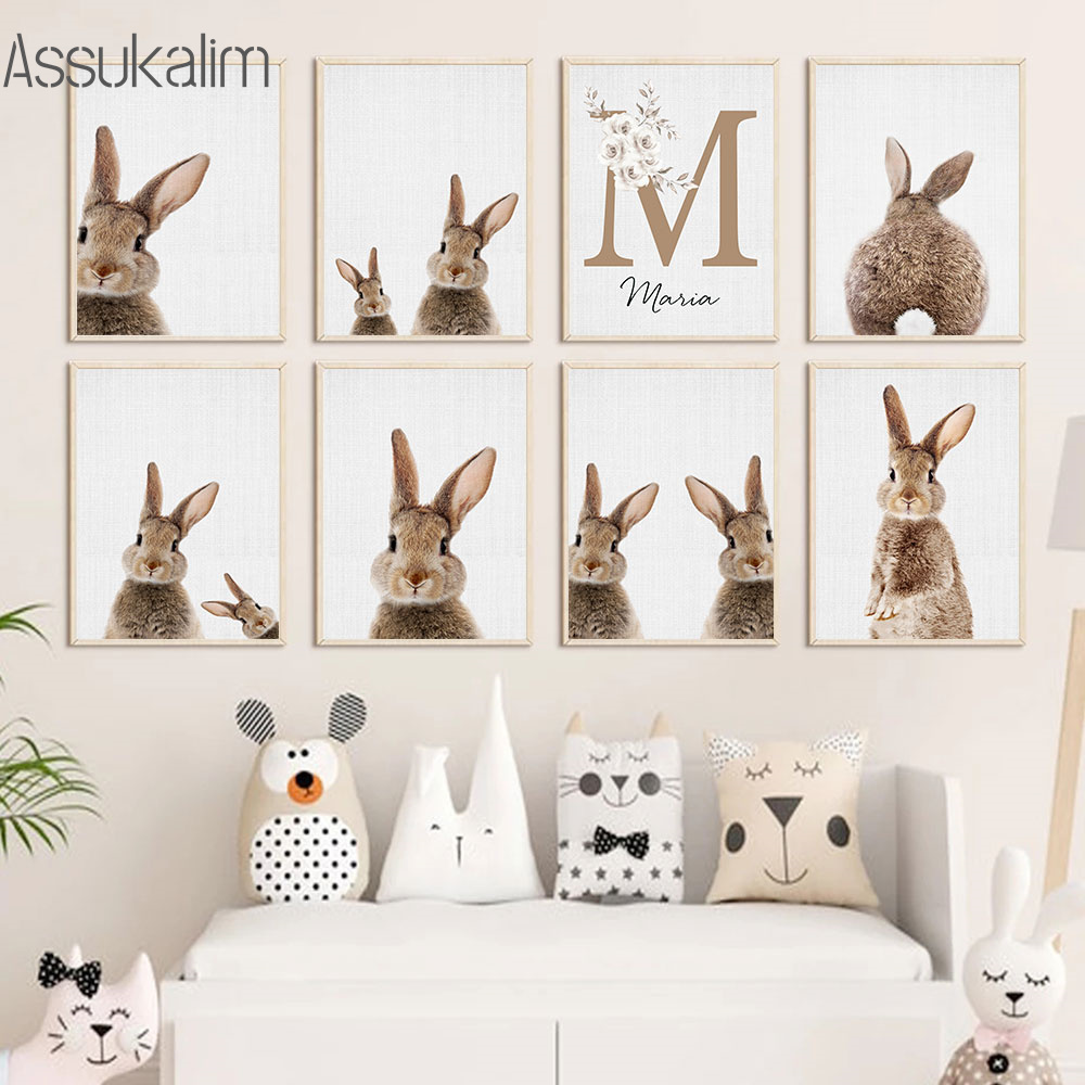 Baby Nursery Name Wall Art - Coelho pintura da lona nome personalizado