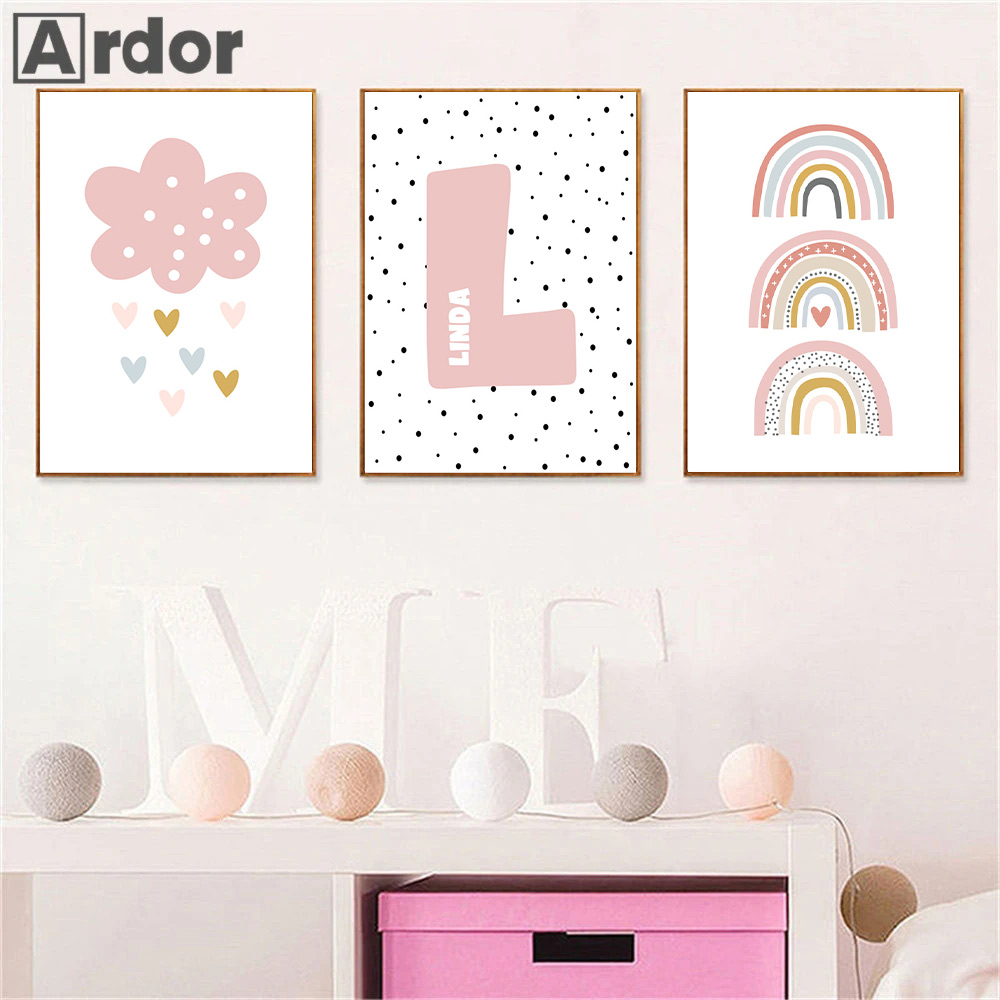 Baby Nursery Name Wall Art - Rosa arco-íris nuvem berçário cartazes e