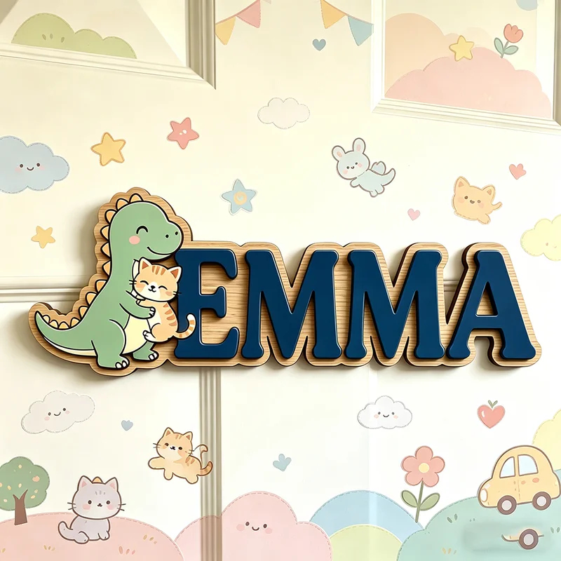 Baby Nursery Name Wall Art - Placa Personalizada de Nome com Dinossauro