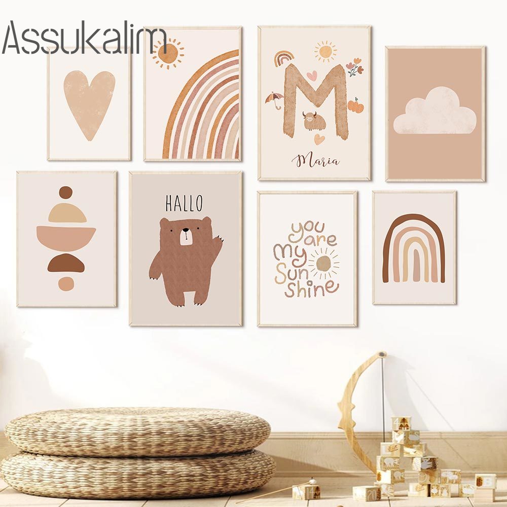 Baby Nursery Name Wall Art - Boho Wall Art Bege Canvas Poster,