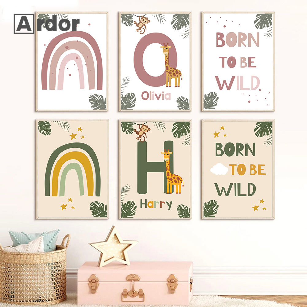 Baby Nursery Name Wall Art - Pôsteres de animais da selva nórdica,
