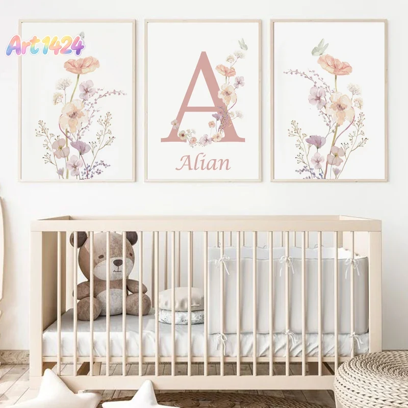 Baby Nursery Name Wall Art - Pôster Personalizado com Nome e Flores