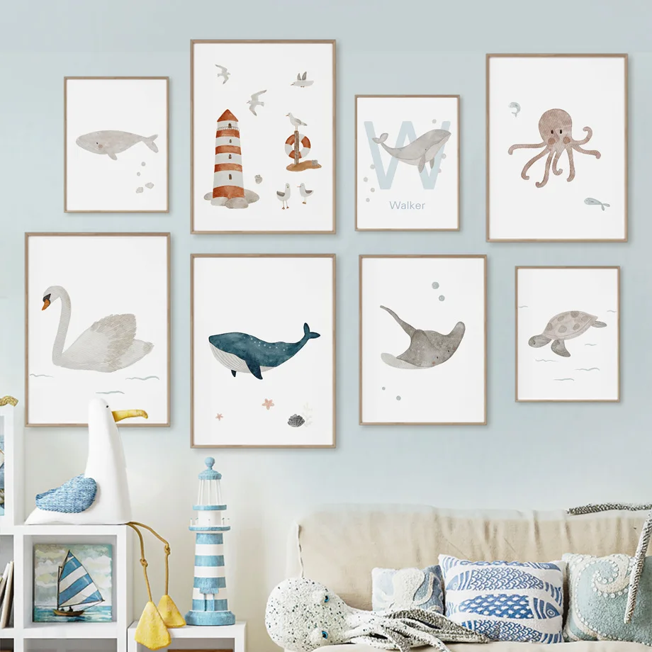 Baby Nursery Name Wall Art - Arte de Parede de Animais Marinhos: