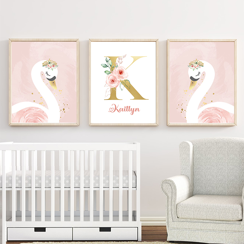 Baby Nursery Name Wall Art - Cisne coroa rosa dourado personalizado, nome