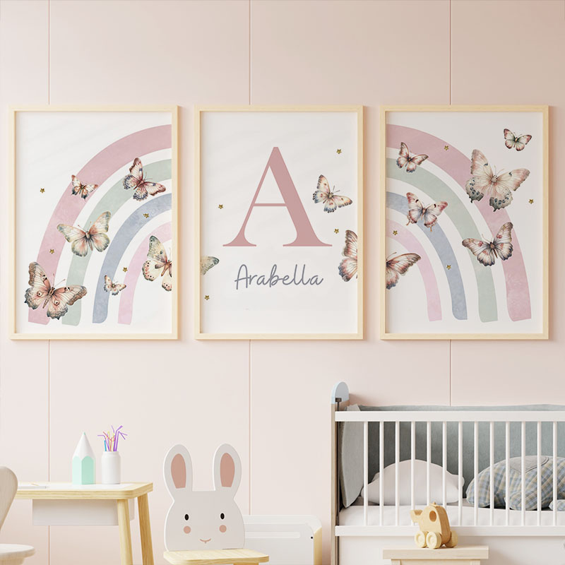 Baby Nursery Name Wall Art - Rosa arco-íris borboleta nome do bebê
