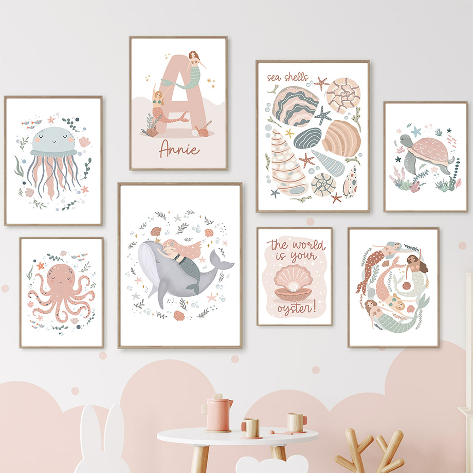Baby Nursery Name Wall Art - Pôsteres Personalizados de Animais Marinhos em